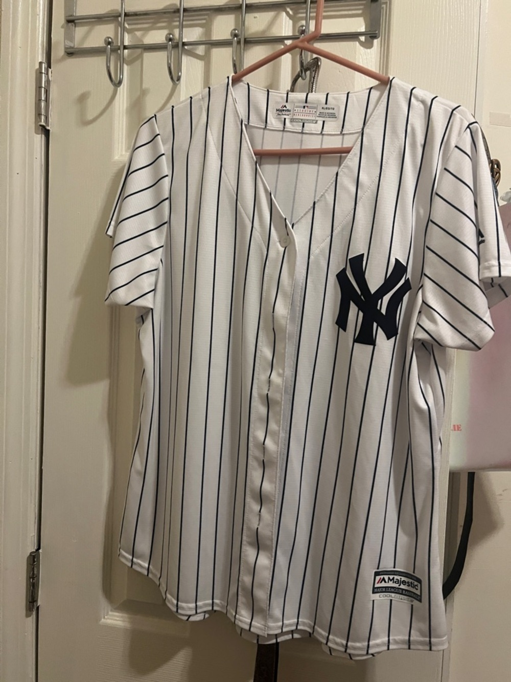 Majestic White Pinstripe Baseball Jersey with Navy Logo